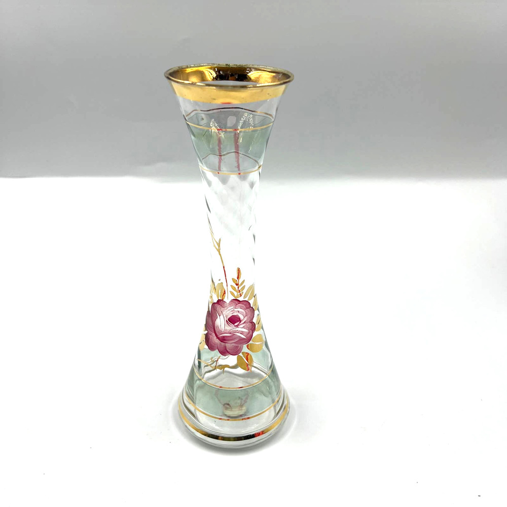 Vintage‎ Enesco Blown Glass Floral Rose Skinny Vase Gold Plated MidCentury